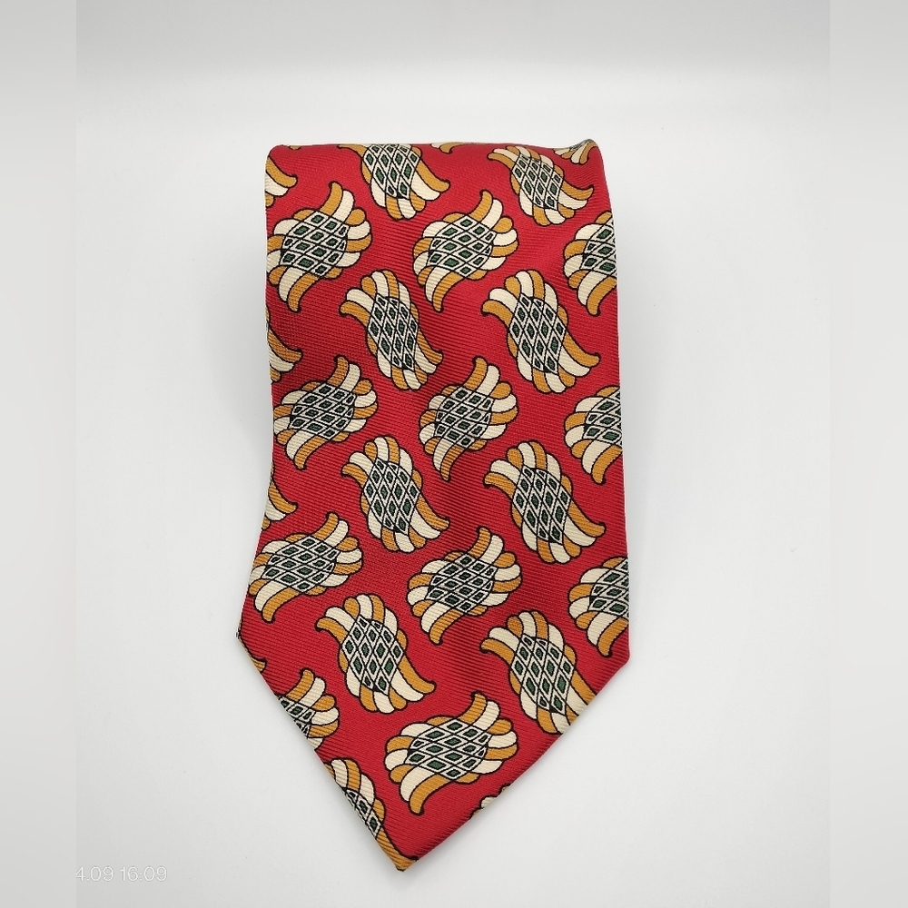 Boss Hugo Boss Silk Necktie Tie Repp Red Gold Cream Abstract Men's Classic